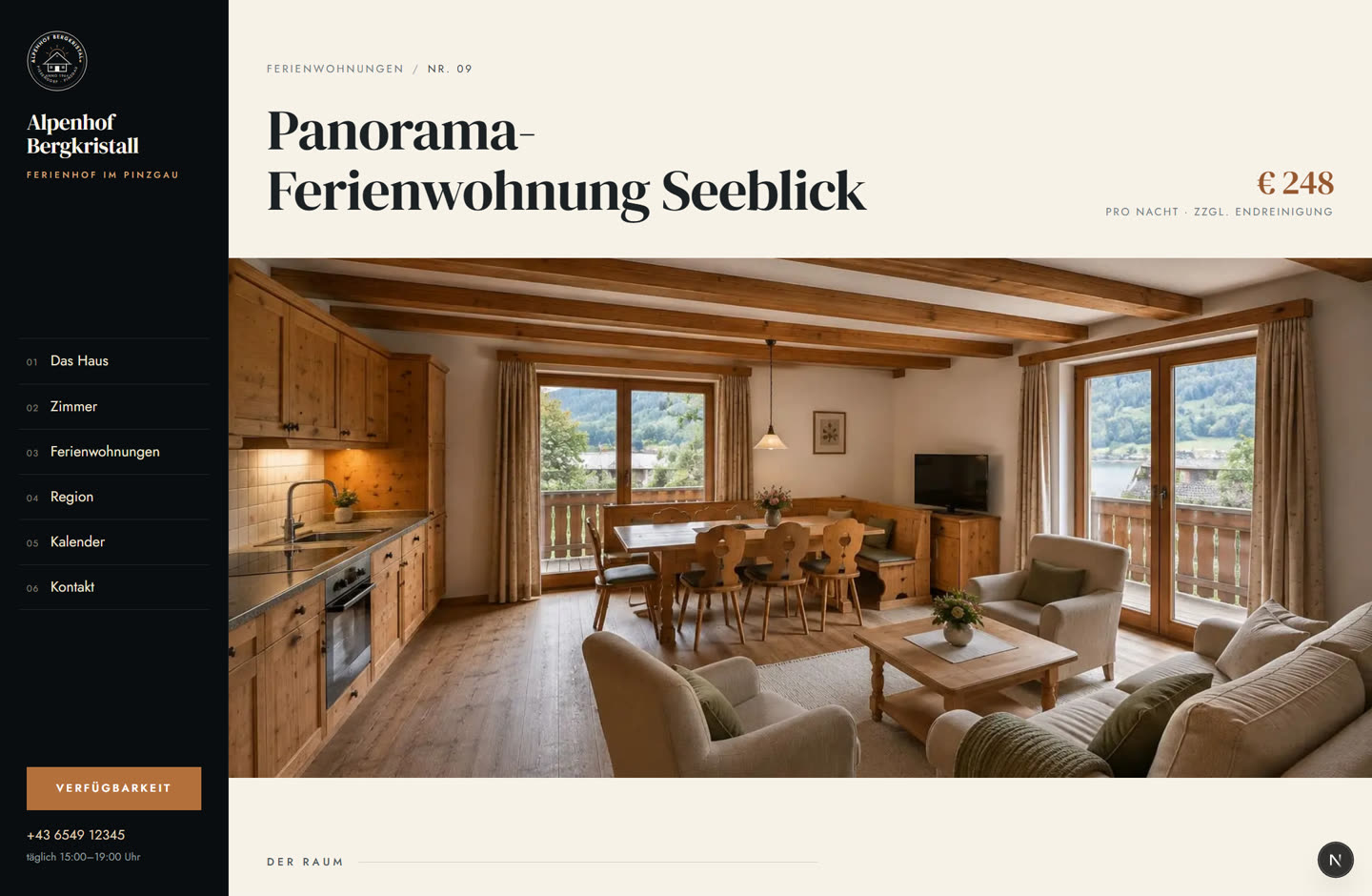 Detailseite einer Ferienwohnung mit Preis pro Nacht und Bildern